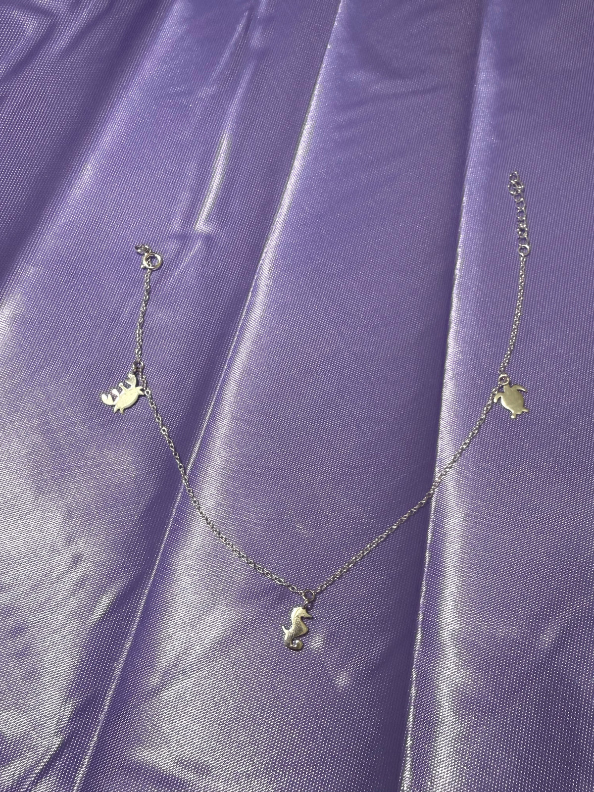 925 Sterling Silver Ocean Life Charm Anklet – Seahorse, Crab & Turtle