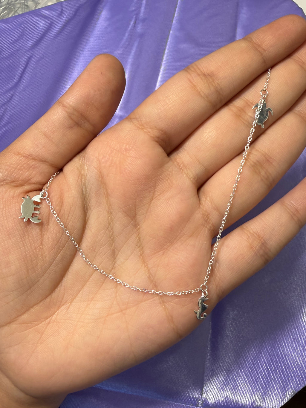 925 Sterling Silver Ocean Life Charm Anklet – Seahorse, Crab & Turtle