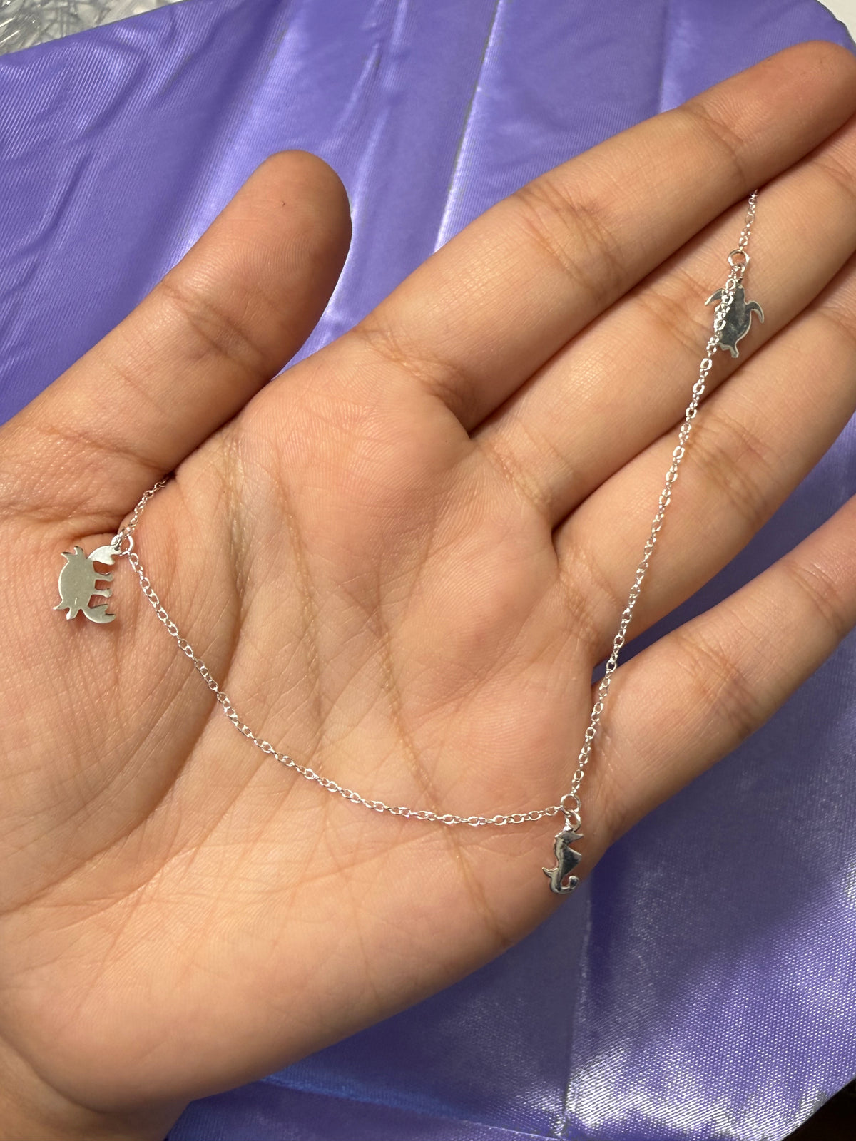 925 Sterling Silver Ocean Life Charm Anklet – Seahorse, Crab & Turtle