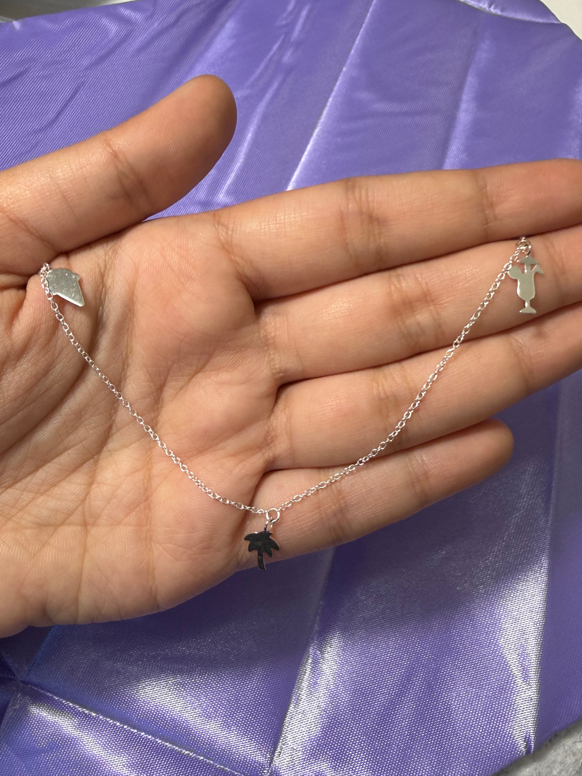 925 Sterling Silver Tropical Palm Tree & Dolphin Charm Anklet