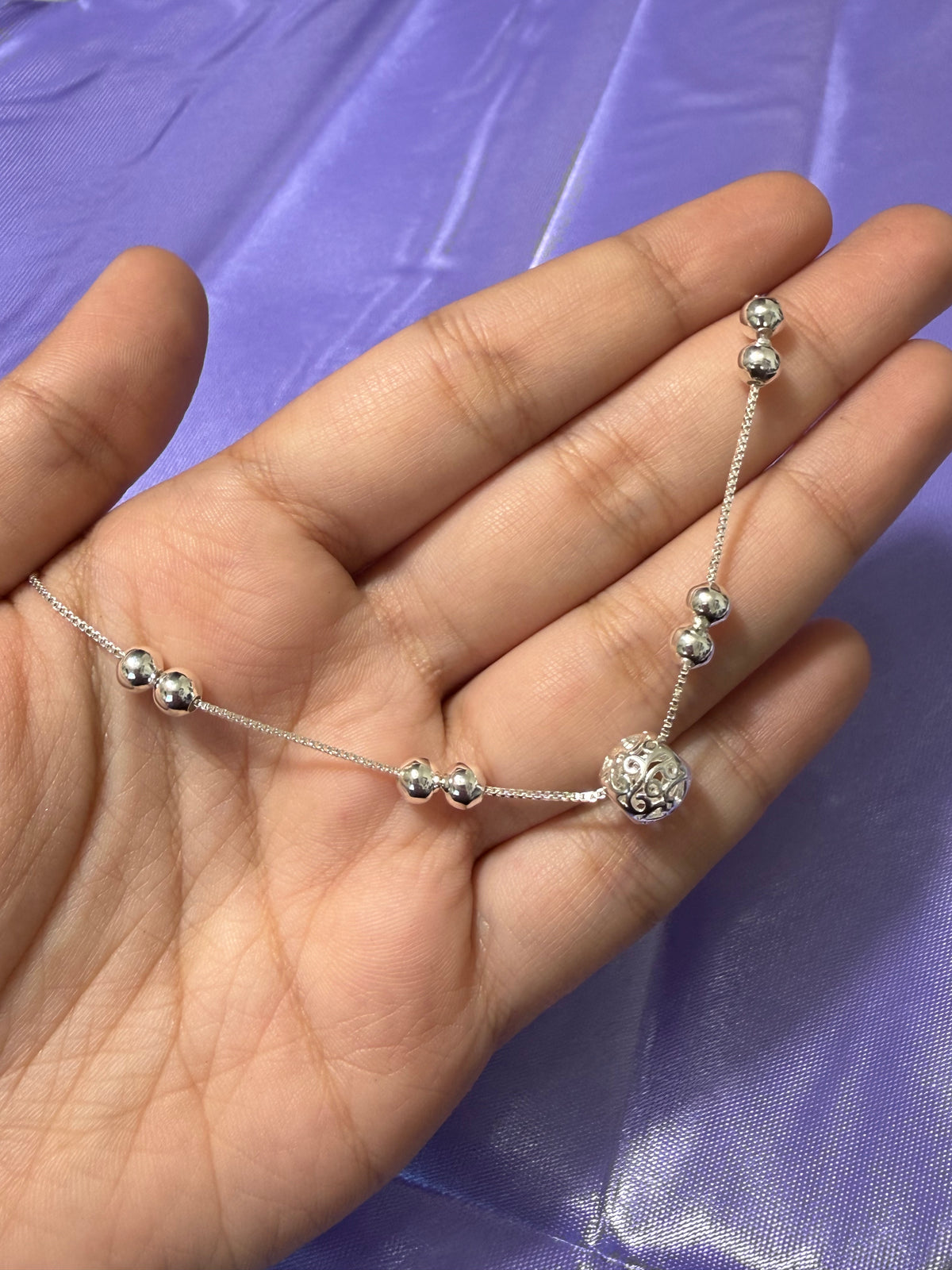 925 Sterling Silver Beaded Filigree Ball Anklet