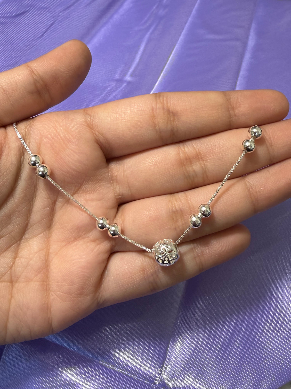 925 Sterling Silver Beaded Filigree Ball Anklet