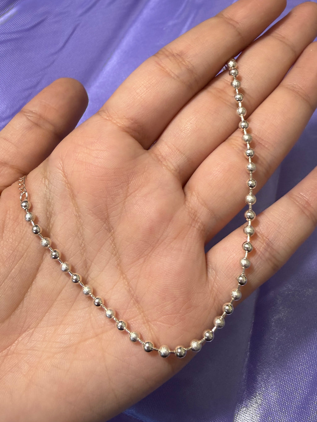 925 Sterling Silver Alternating Polished & Textured Beaded Anklet