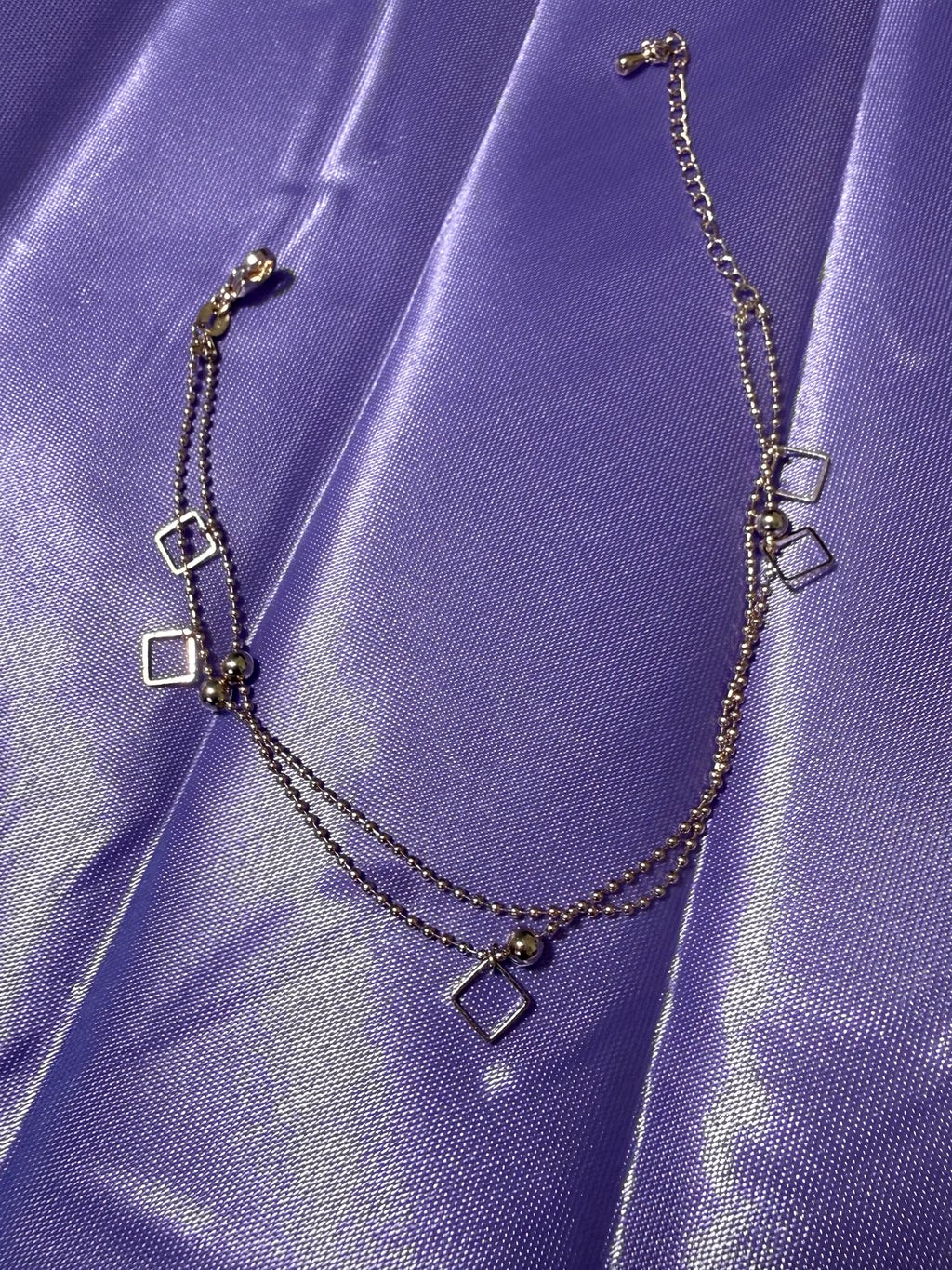 925 Sterling Silver Double-Layered Geometric Square Charm Anklet – Adjustable
