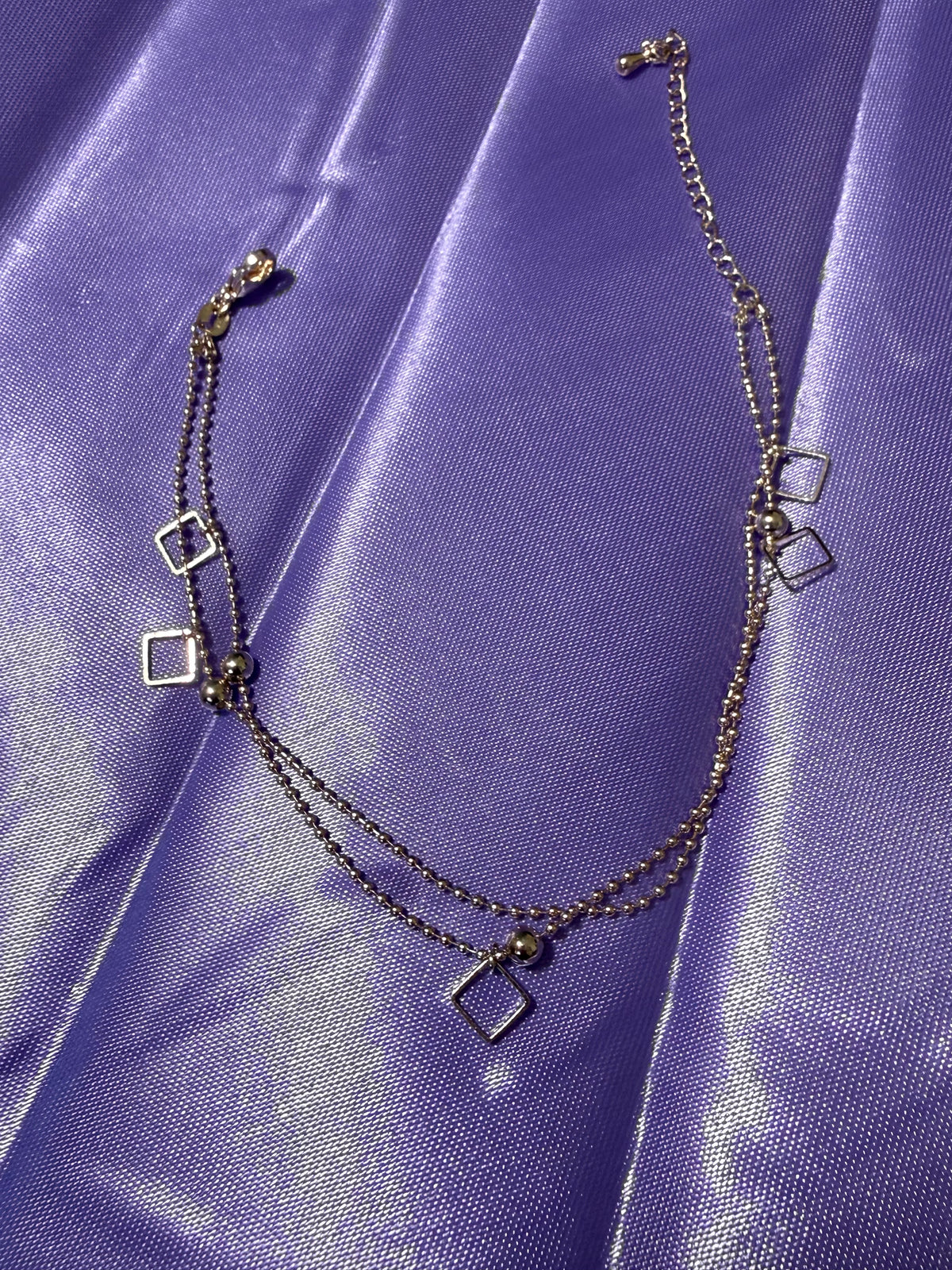 925 Sterling Silver Double-Layered Geometric Square Charm Anklet – Adjustable