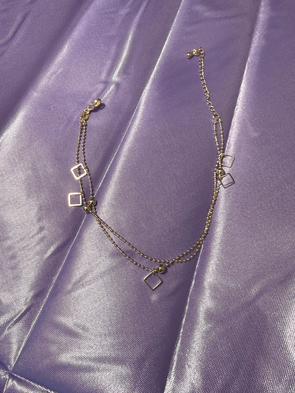 925 Sterling Silver Double-Layered Geometric Square Charm Anklet – Adjustable
