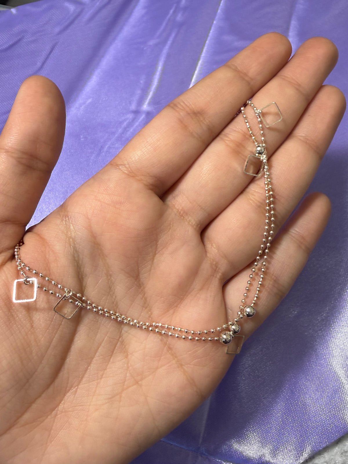 925 Sterling Silver Double-Layered Geometric Square Charm Anklet – Adjustable