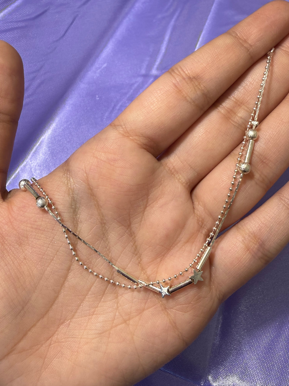 925 Sterling Silver Double-Layered Star & Bead Anklet – Adjustable