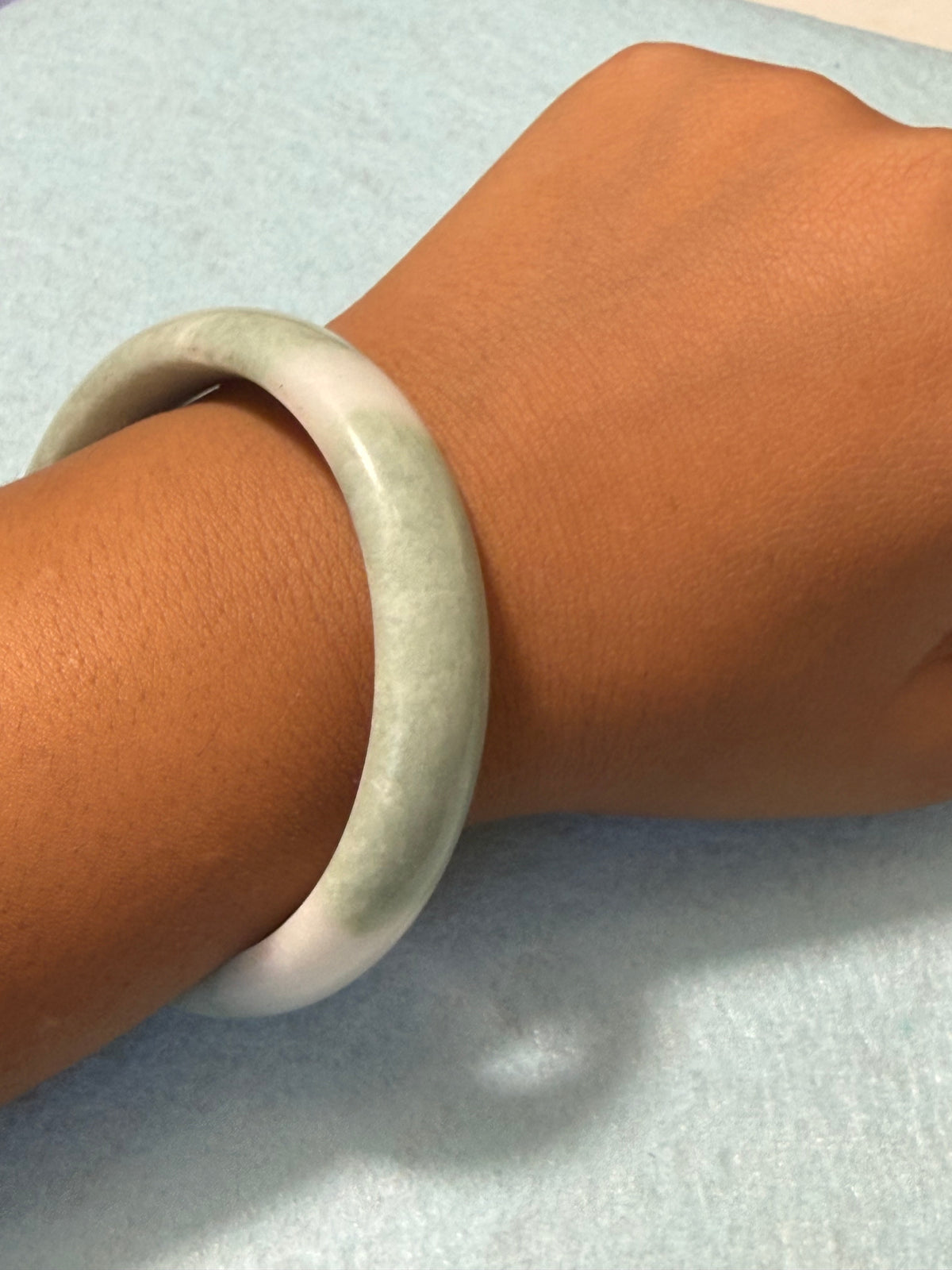 Natural Grade A Jade Bangle – White & Light Green – Medium