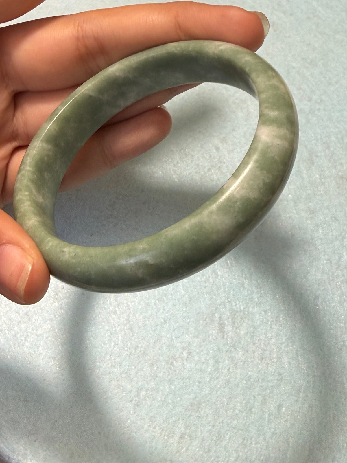 Natural Grade A Jade Bangle – Sage Green & White Marbled – Medium