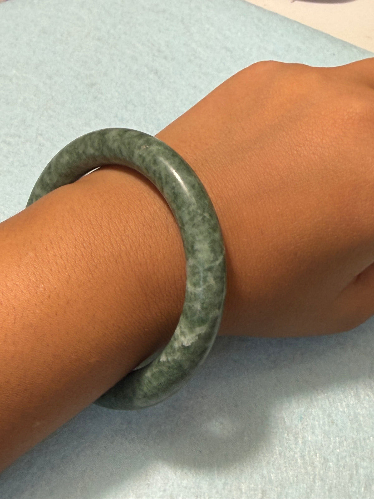 Natural Grade A Jade Bangle – Deep Emerald Green Marbled – Large