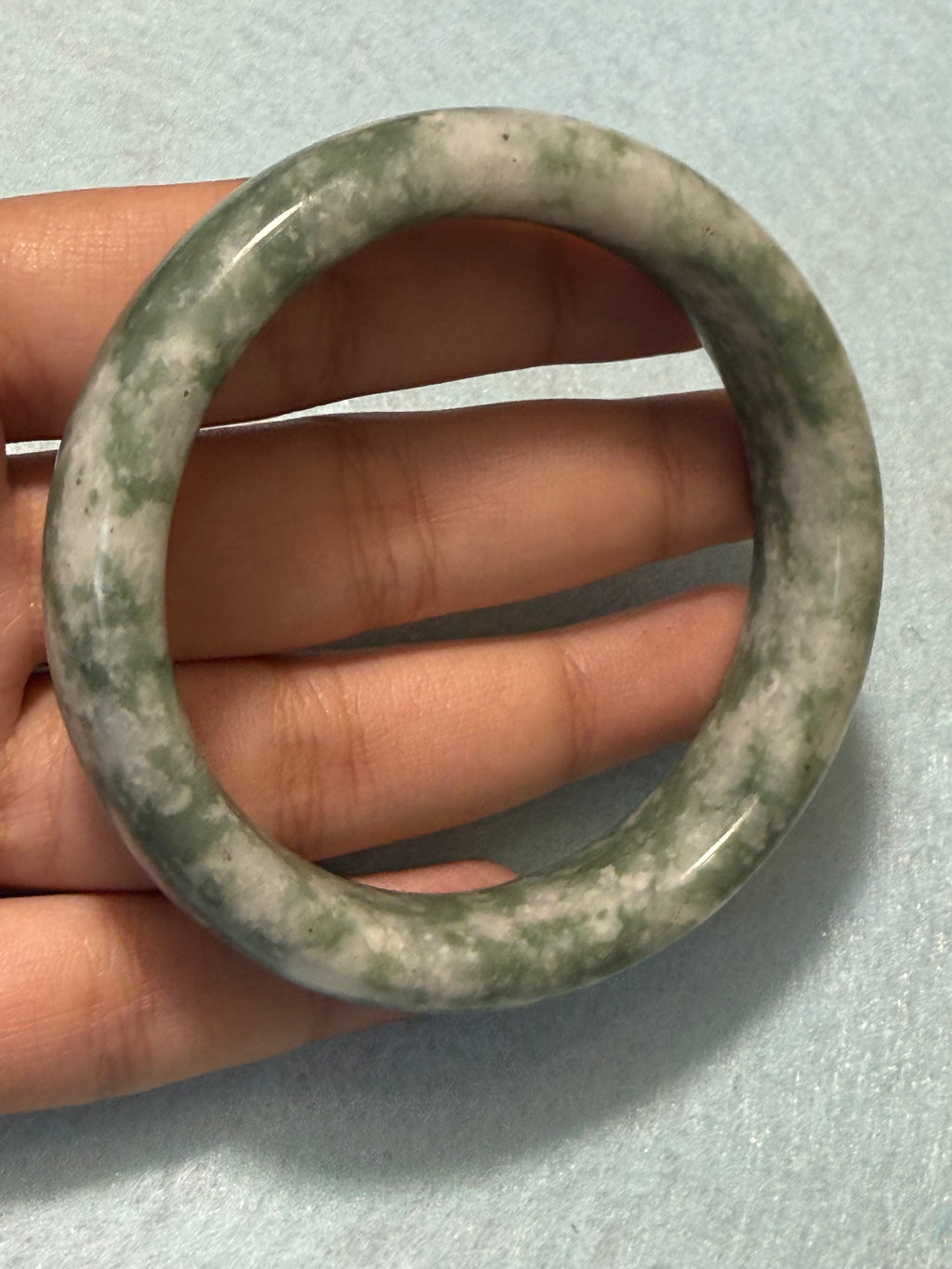 Natural Grade A Jade Bangle – Moss Green & White Marbled – Small