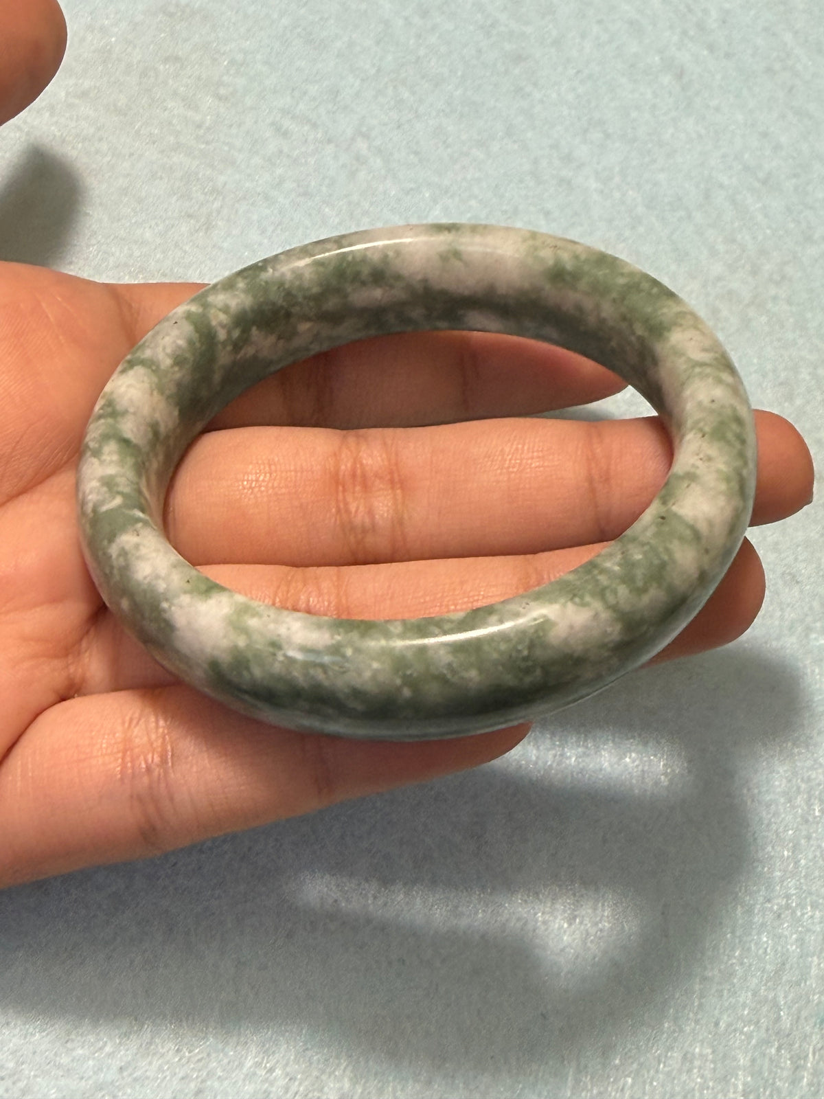 Natural Grade A Jade Bangle – Moss Green & White Marbled – Small