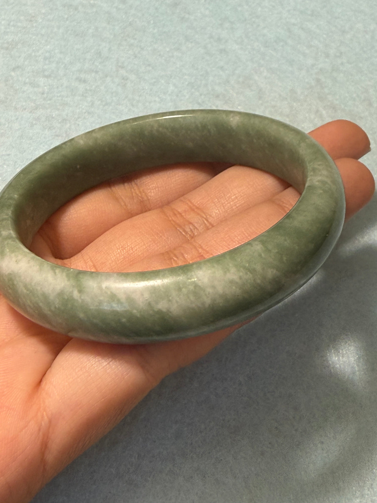 Natural Jade Bangle – Olive Green & Cream Marbled – Large