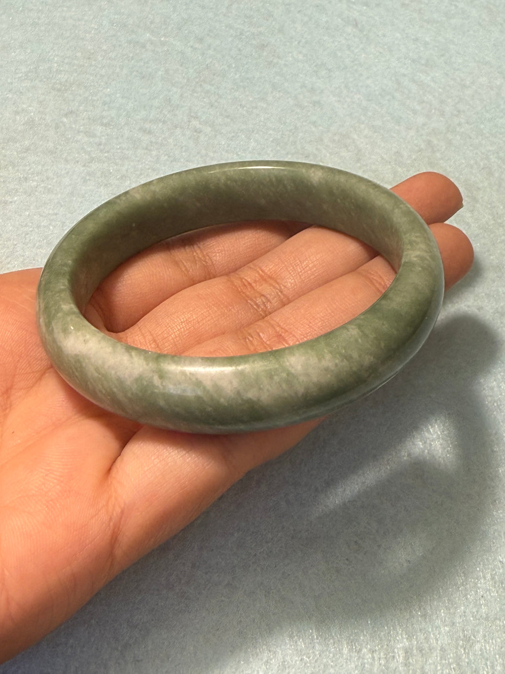 Natural Jade Bangle – Olive Green & Cream Marbled – Large