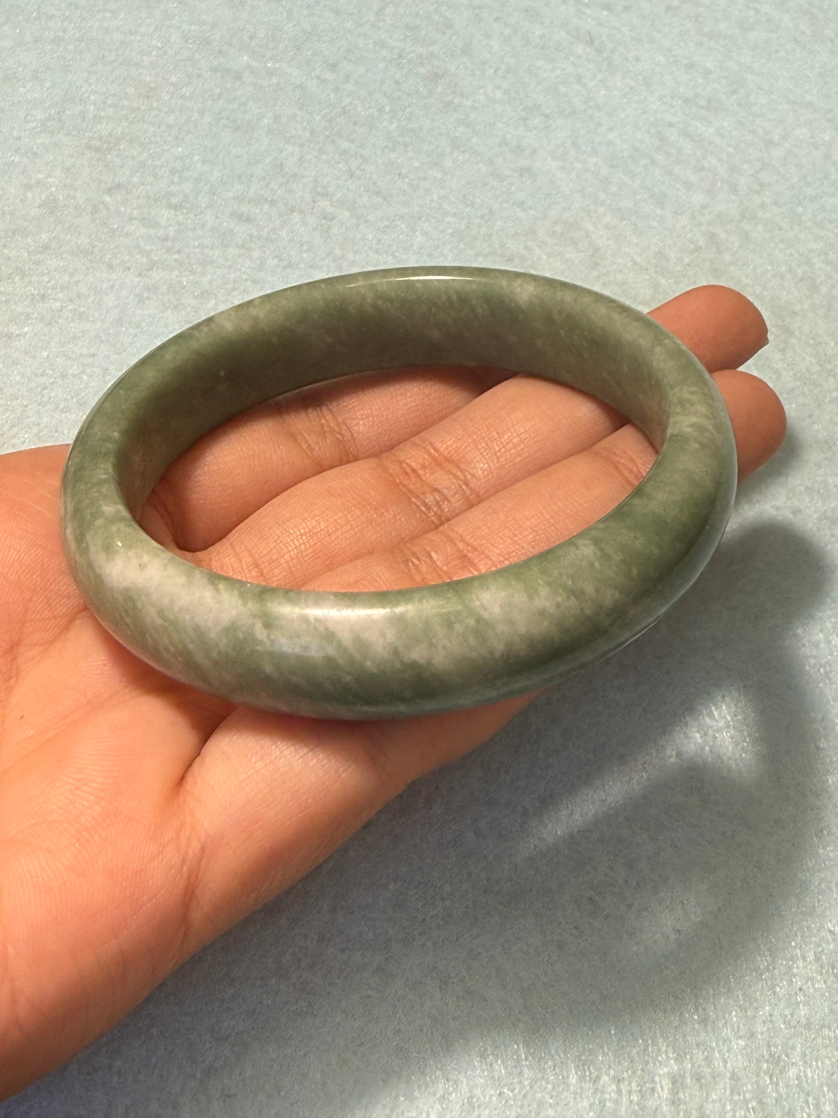 Natural Jade Bangle – Olive Green & Cream Marbled – Large