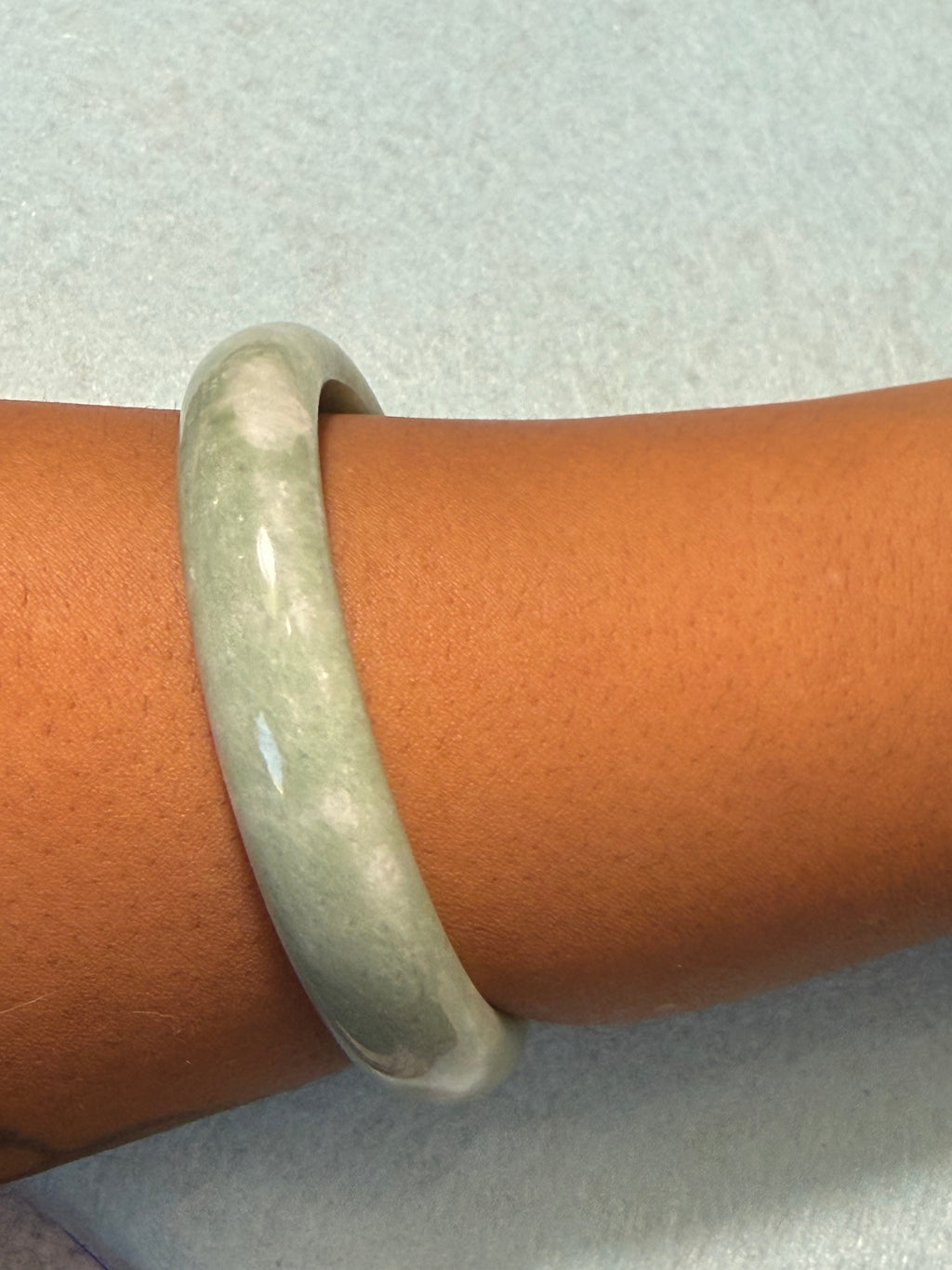 Natural Jade Bangle – Pale Sage Green & White Marbled – Large