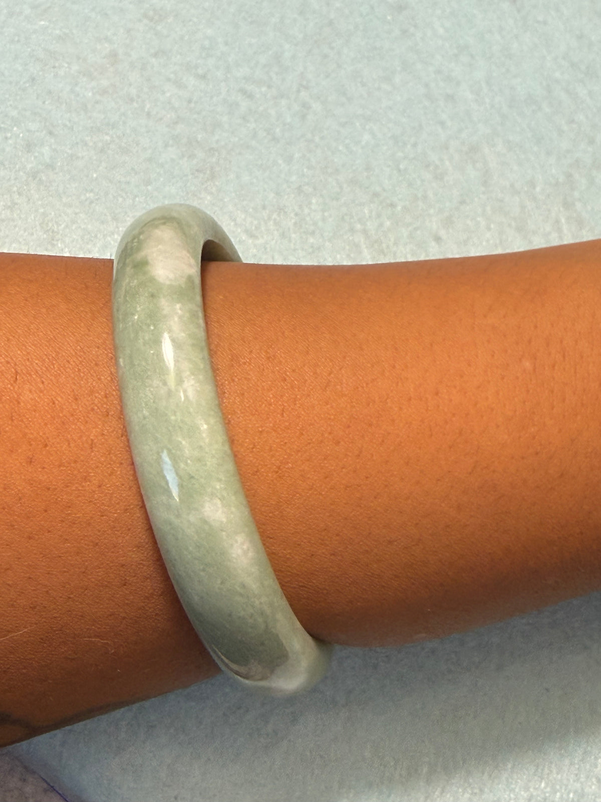 Natural Jade Bangle – Pale Sage Green & White Marbled – Large