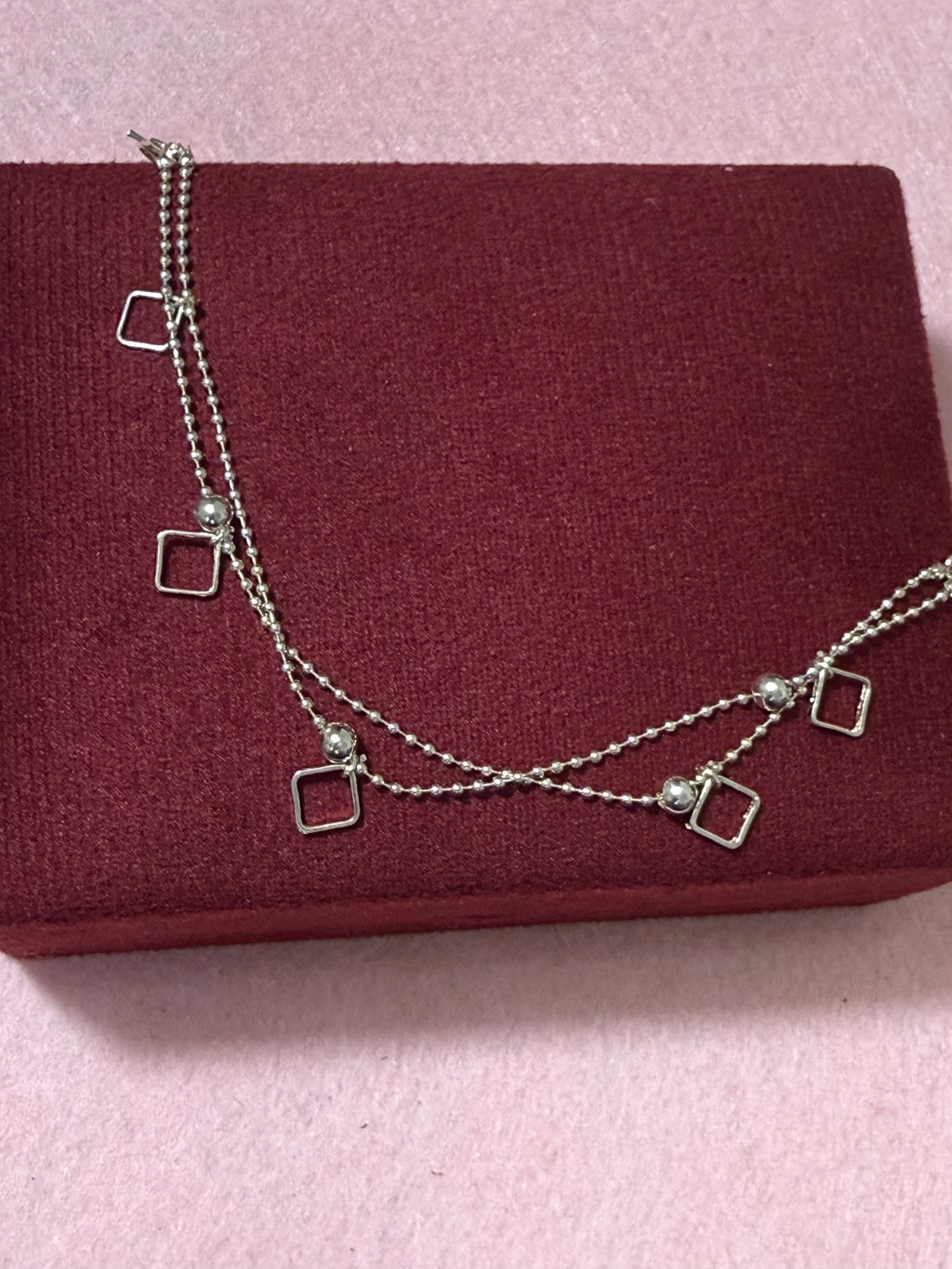 925 Sterling Silver Double-Layer Square Charm Bracelet – 8" Adjustable