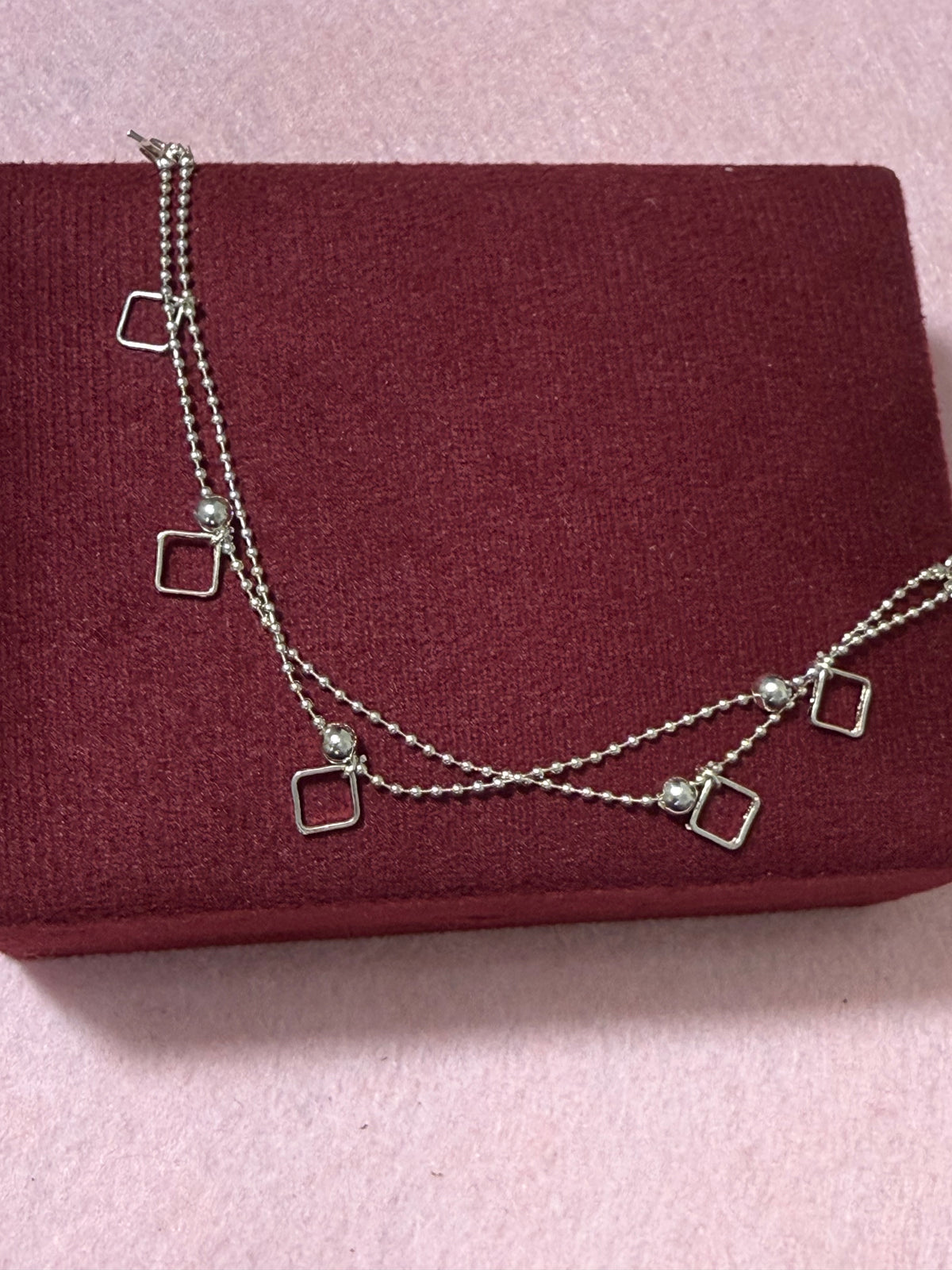 925 Sterling Silver Double-Layer Square Charm Bracelet – 8" Adjustable