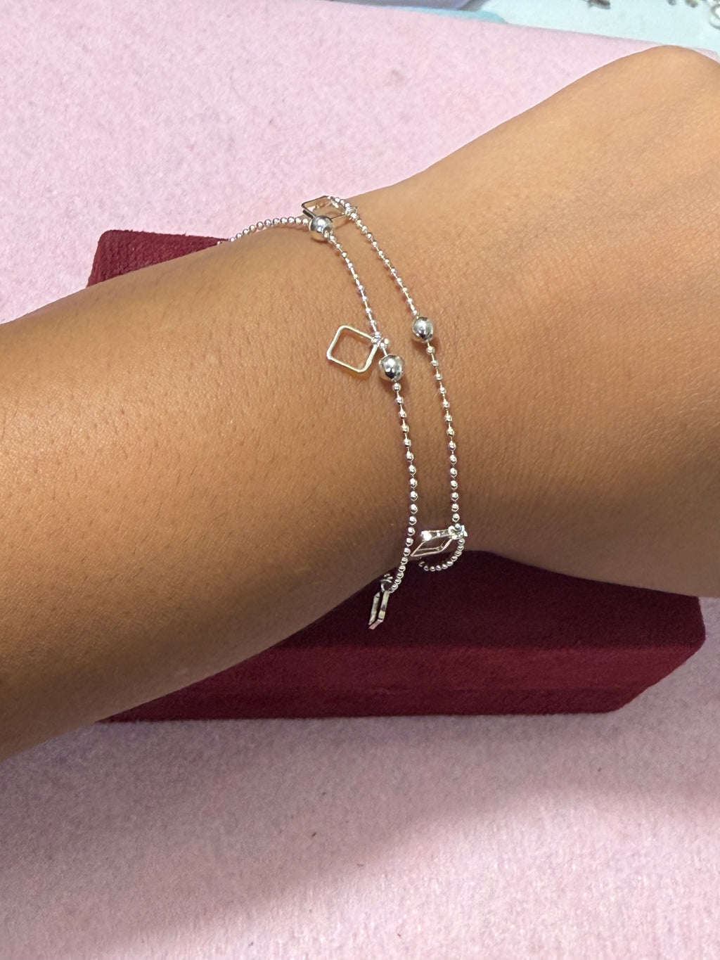925 Sterling Silver Double-Layer Square Charm Bracelet – 8" Adjustable
