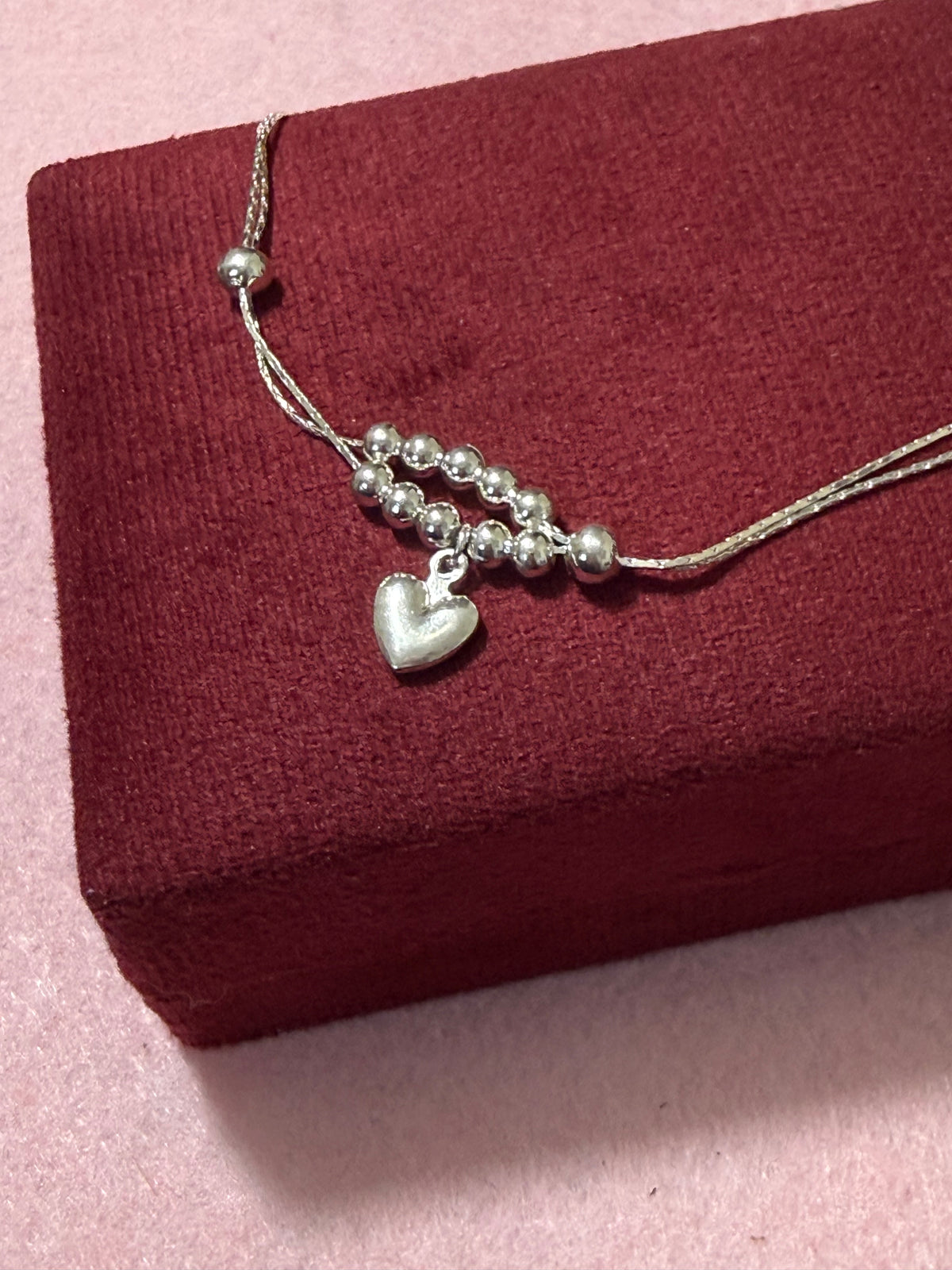 925 Sterling Silver Beaded Heart Charm Bracelet – 8" Adjustable