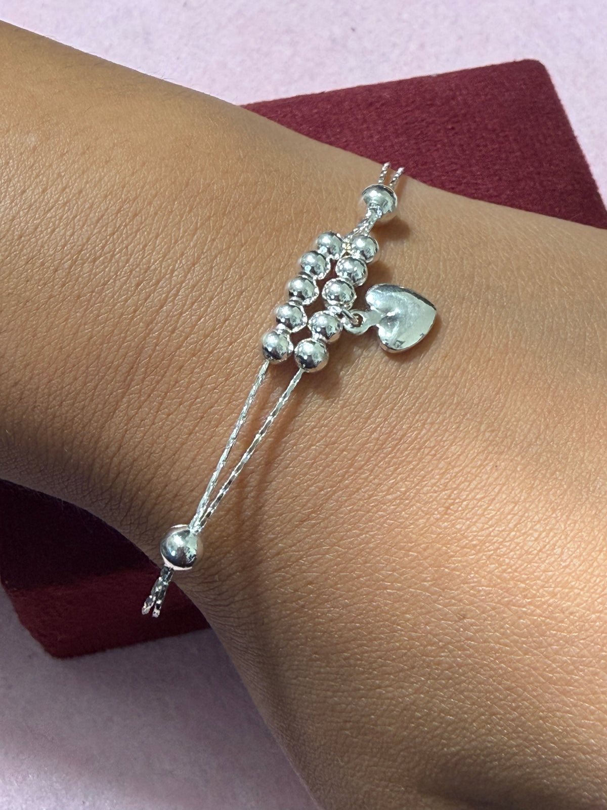 925 Sterling Silver Beaded Heart Charm Bracelet – 8" Adjustable
