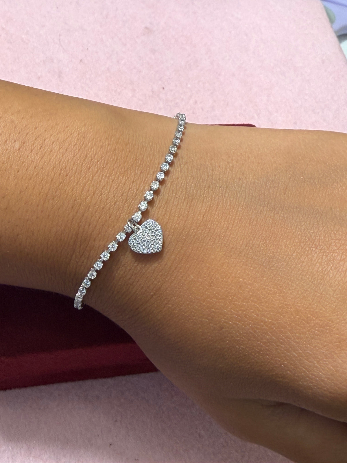 925 Sterling Silver Sparkling Heart Charm Bracelet – 8" Adjustable