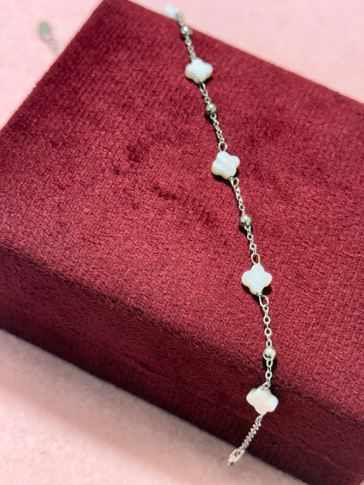 925 Sterling Silver White Clover Beaded Bracelet – 8" Adjustable