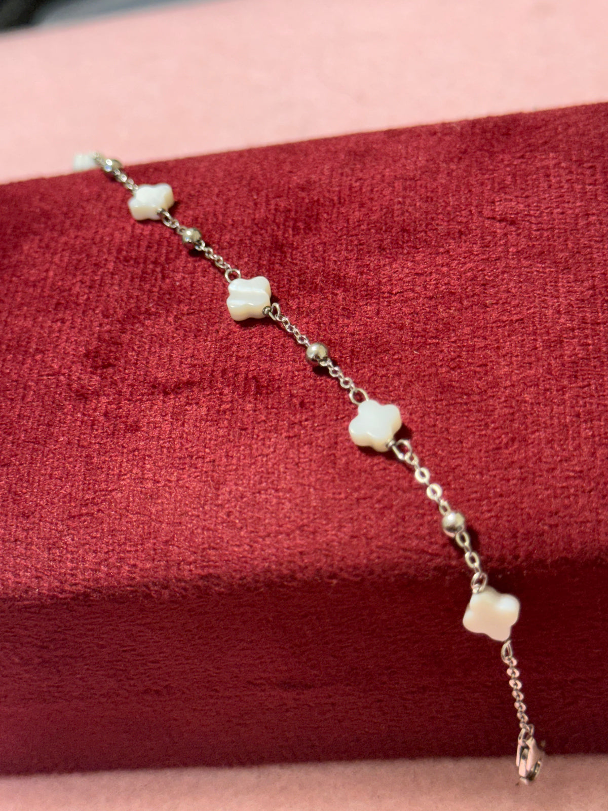 925 Sterling Silver White Clover Beaded Bracelet – 8" Adjustable