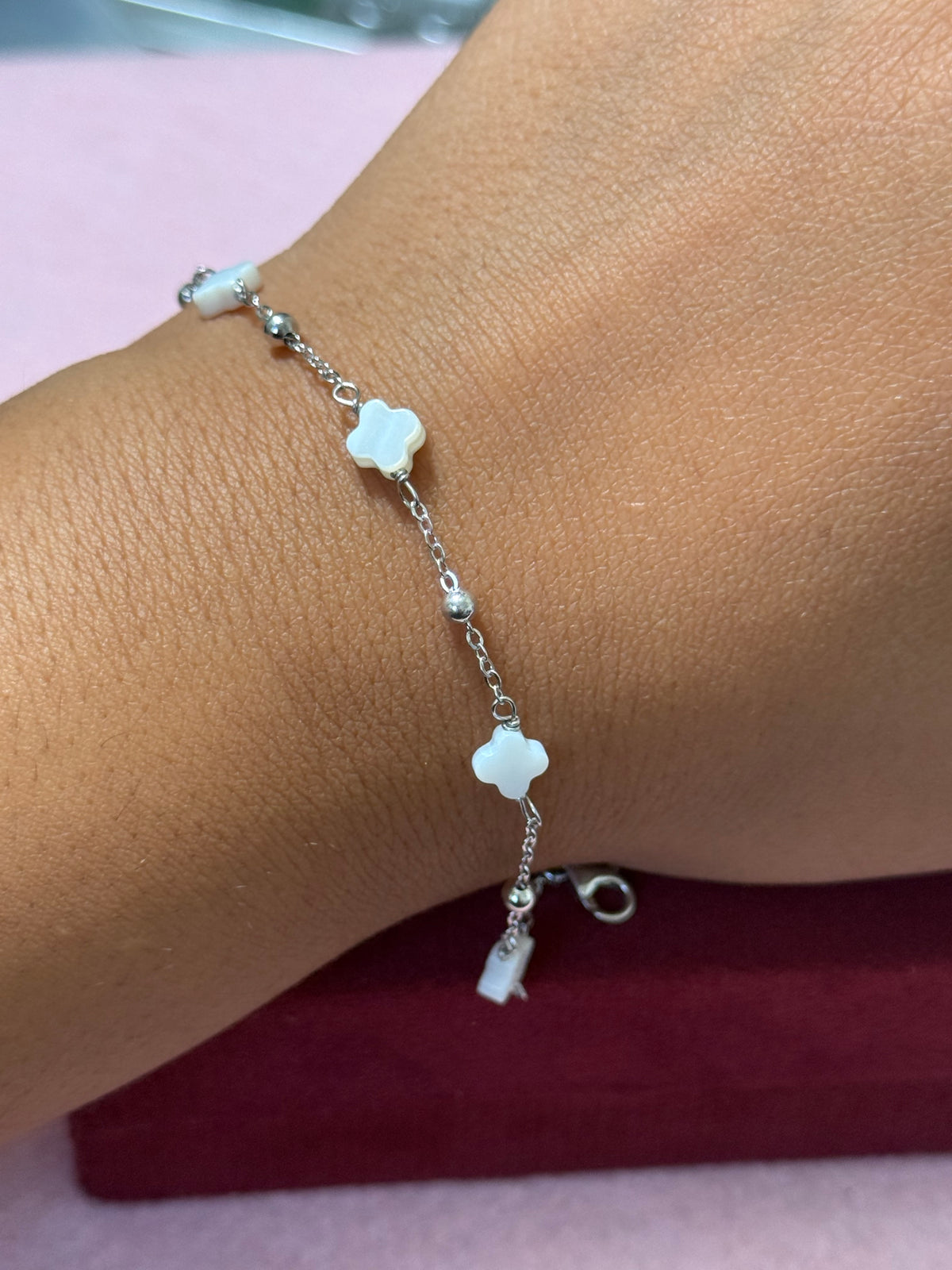925 Sterling Silver White Clover Beaded Bracelet – 8" Adjustable