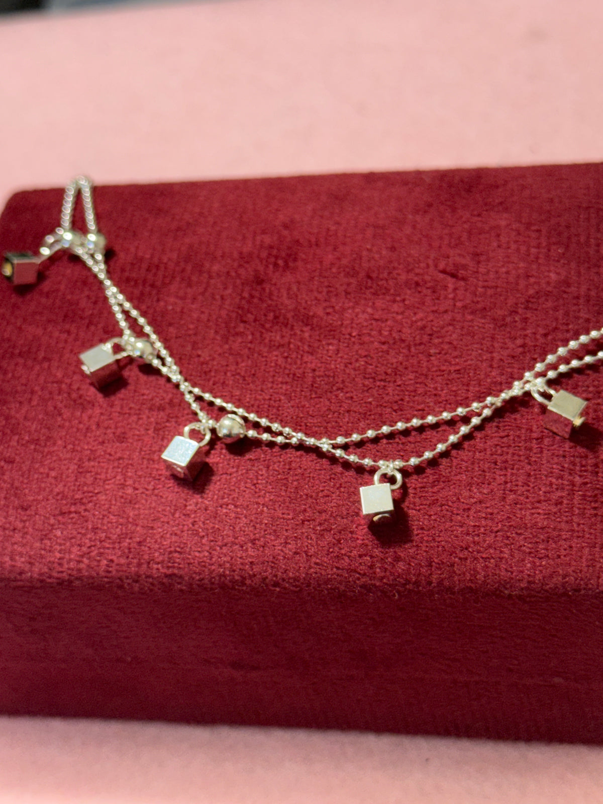 925 Sterling Silver Double-Layer Cube Charm Bracelet – 8" Adjustable