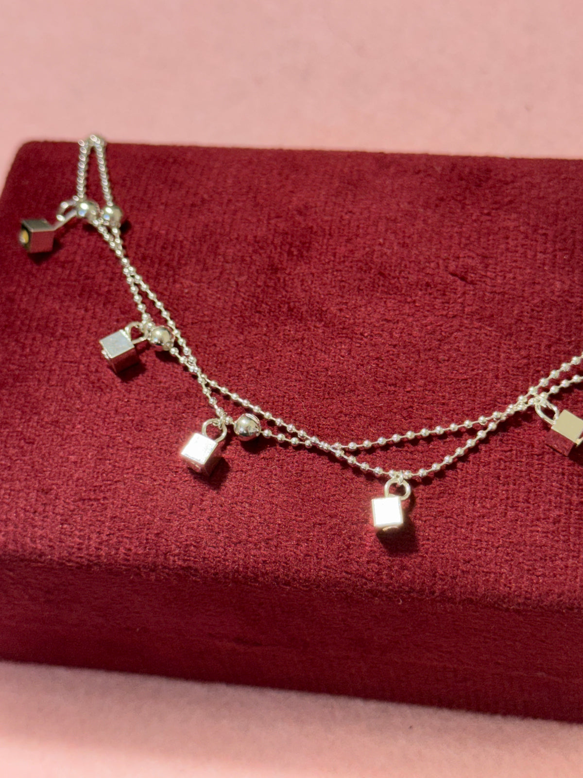 925 Sterling Silver Double-Layer Cube Charm Bracelet – 8" Adjustable