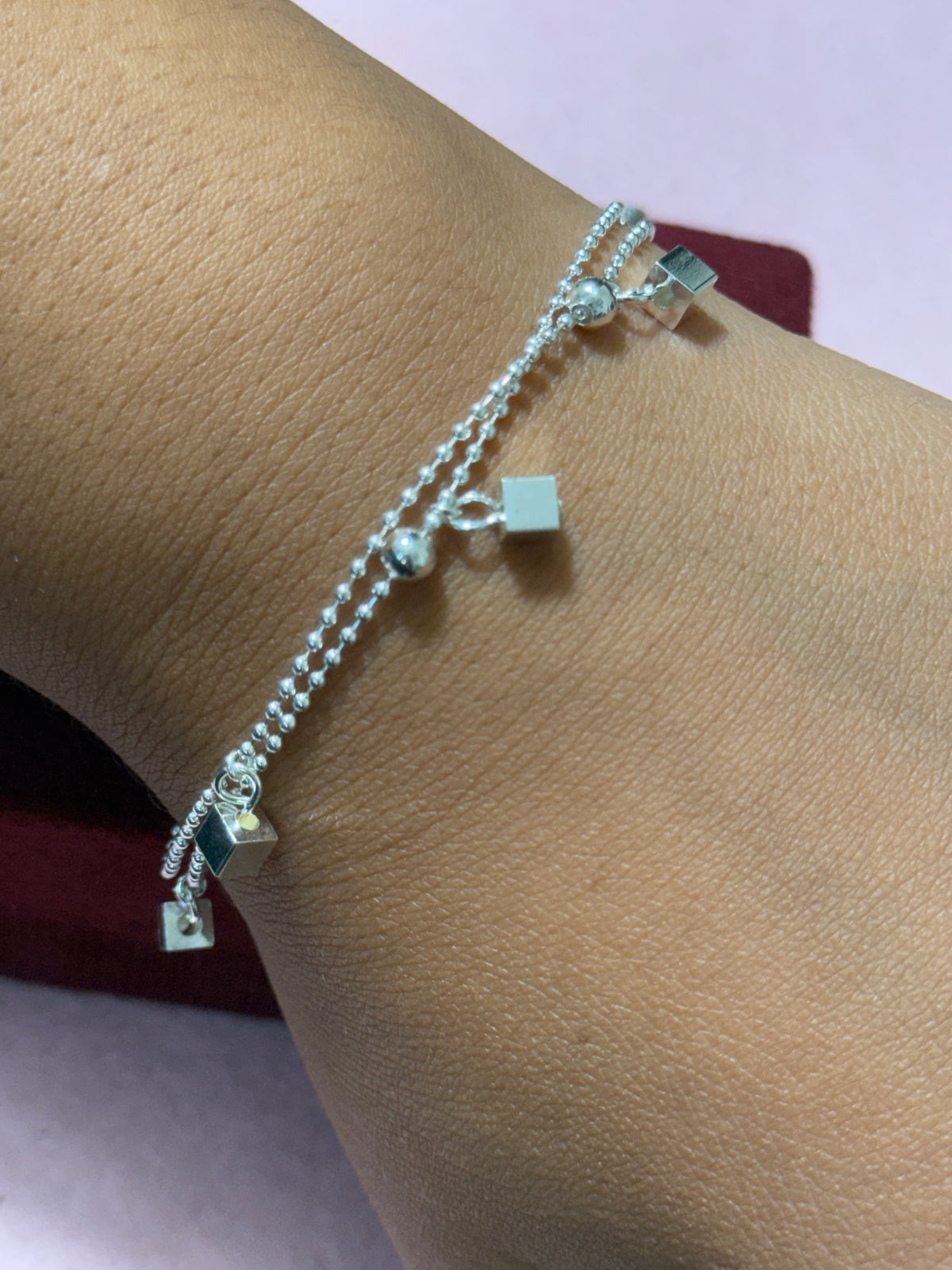 925 Sterling Silver Double-Layer Cube Charm Bracelet – 8" Adjustable