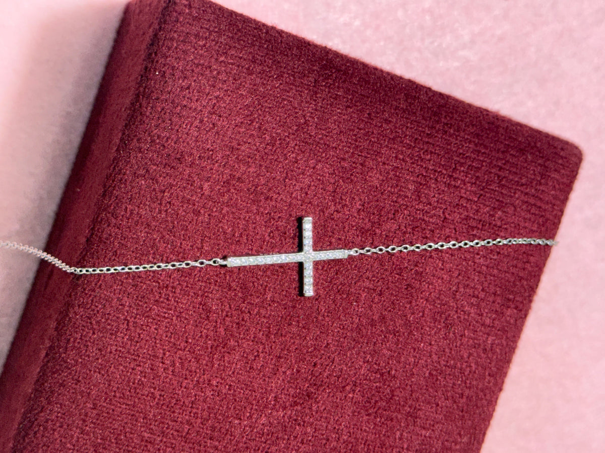 925 Sterling Silver Sparkling Sideways Cross Bracelet – 8" Adjustable