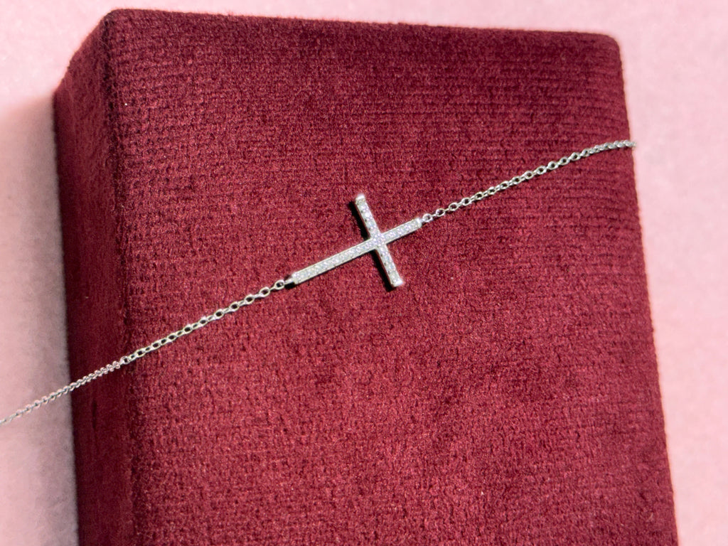 925 Sterling Silver Sparkling Sideways Cross Bracelet – 8" Adjustable