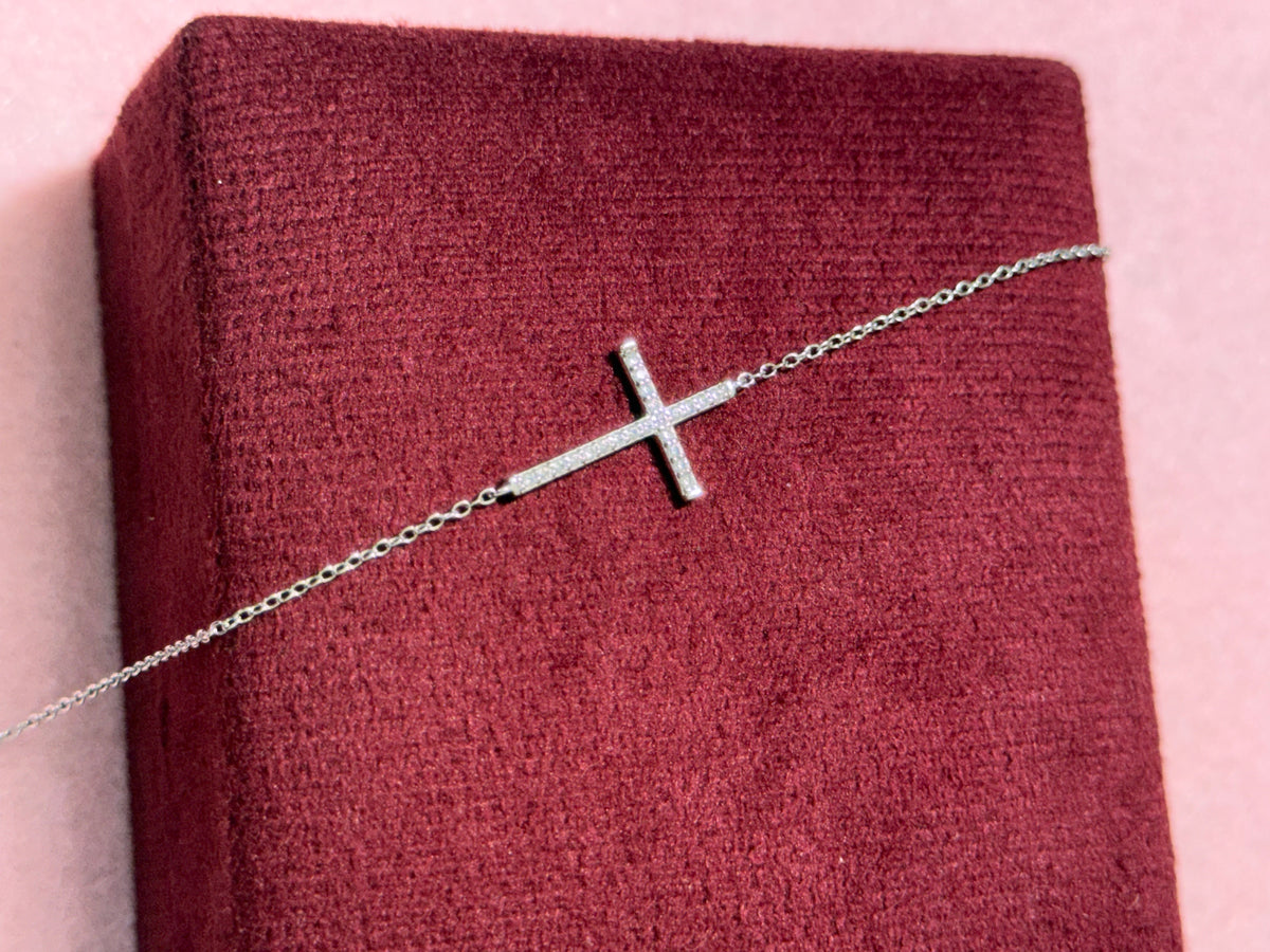 925 Sterling Silver Sparkling Sideways Cross Bracelet – 8" Adjustable