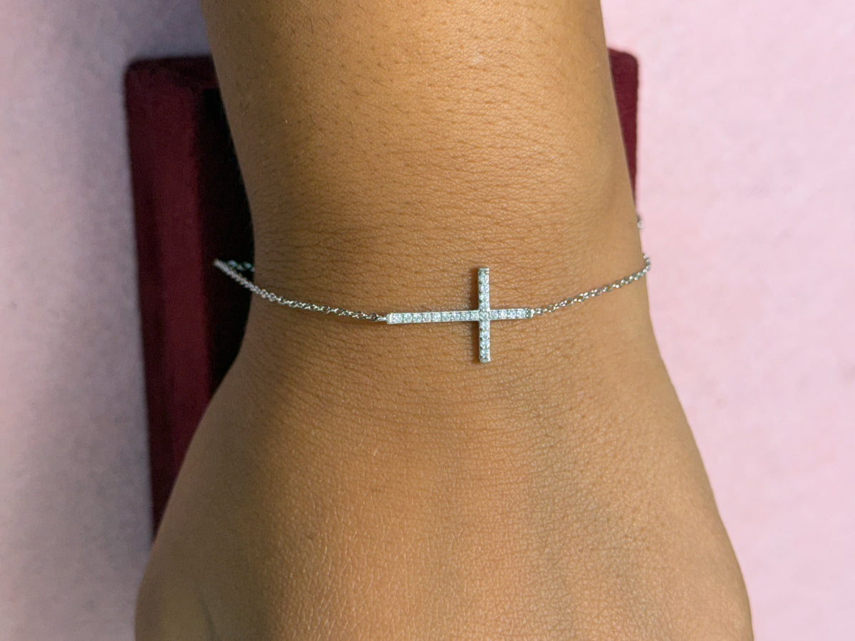 925 Sterling Silver Sparkling Sideways Cross Bracelet – 8" Adjustable