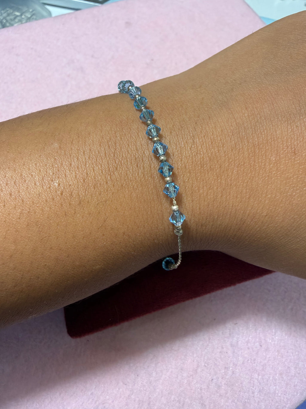 925 Sterling Silver Blue Crystal Beaded Bracelet – 7" Adjustable