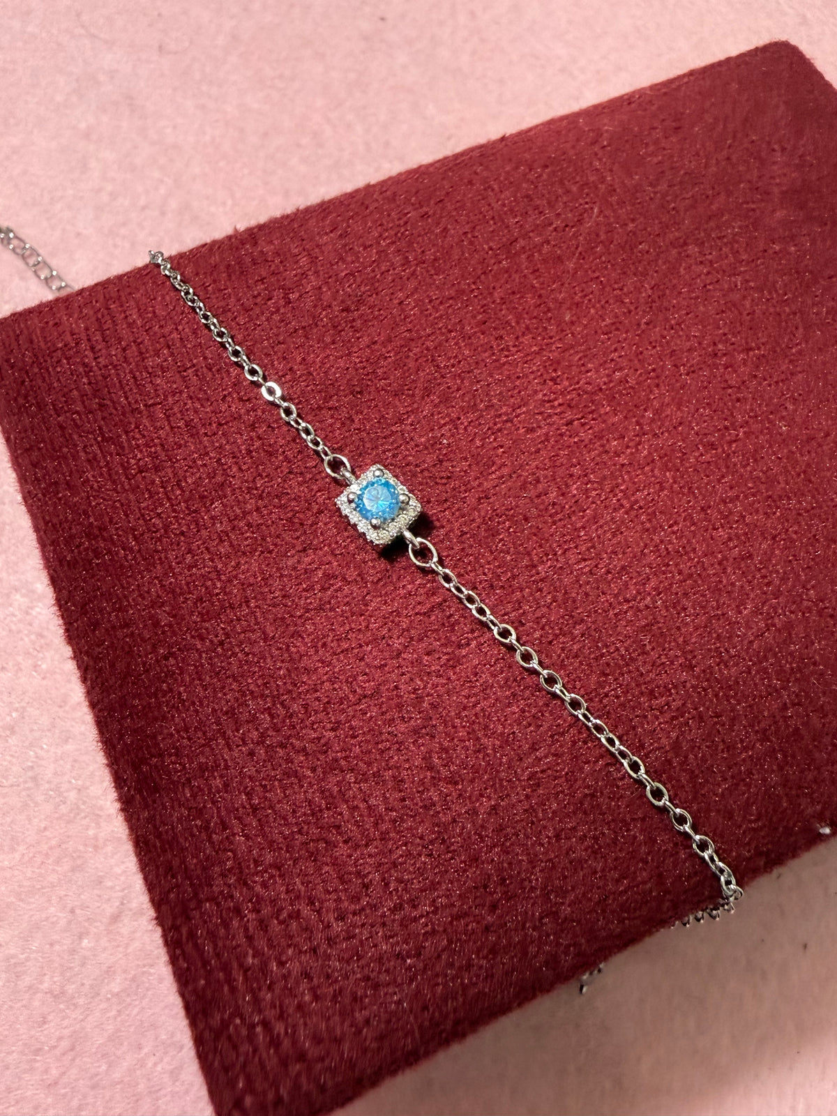 925 Sterling Silver Blue Solitaire Halo Bracelet – 8" Adjustable