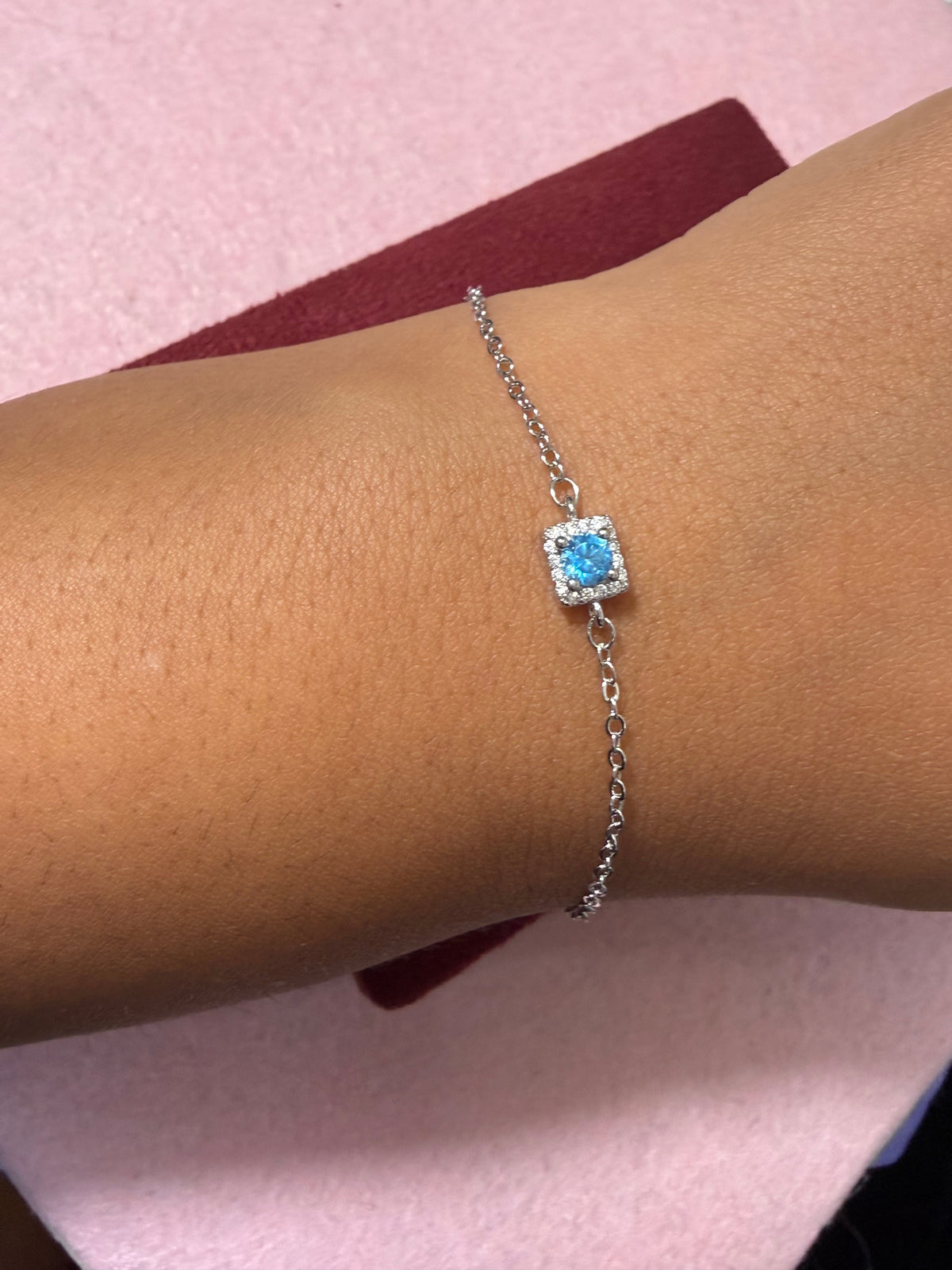 925 Sterling Silver Blue Solitaire Halo Bracelet – 8" Adjustable