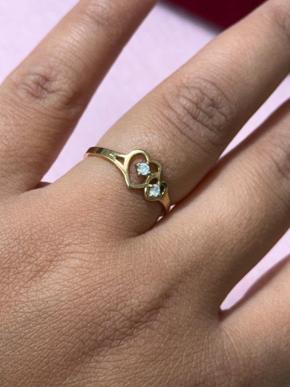 10K Yellow Gold Interlocking Double Heart Ring with Sparkling Stones – Size 7
