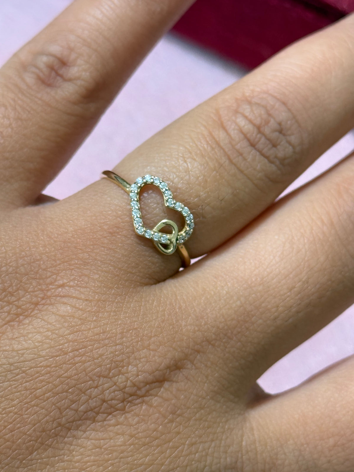 14K Yellow Gold Double Heart Ring with Sparkling Stones – Size 7