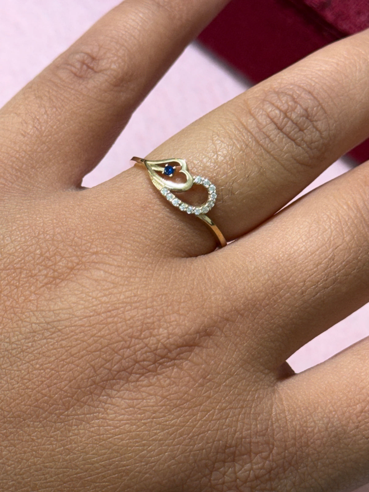 14K Yellow Gold Double Heart Blue Stone Ring – Size 7
