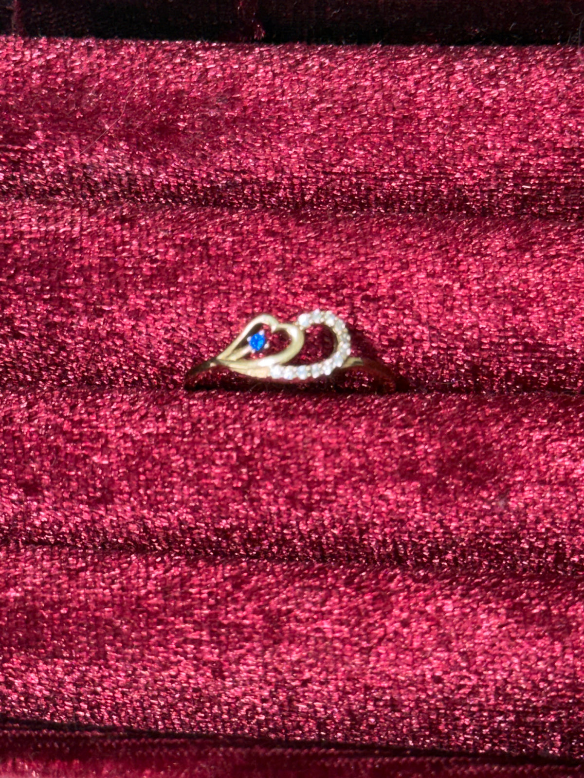 14K Yellow Gold Double Heart Blue Stone Ring – Size 7