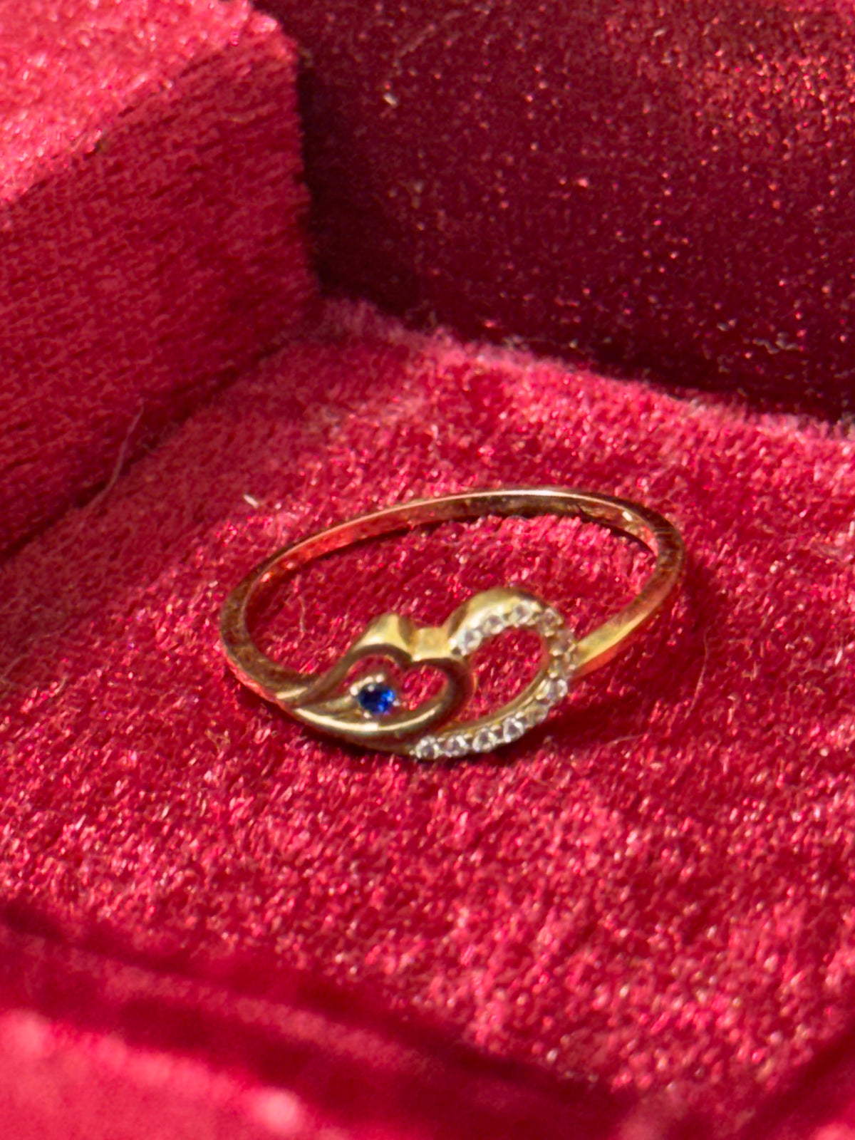 14K Yellow Gold Double Heart Blue Stone Ring – Size 7