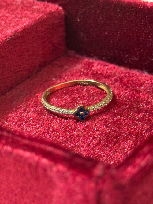 10K Gold Blue Clover CZ Ring – Size 7