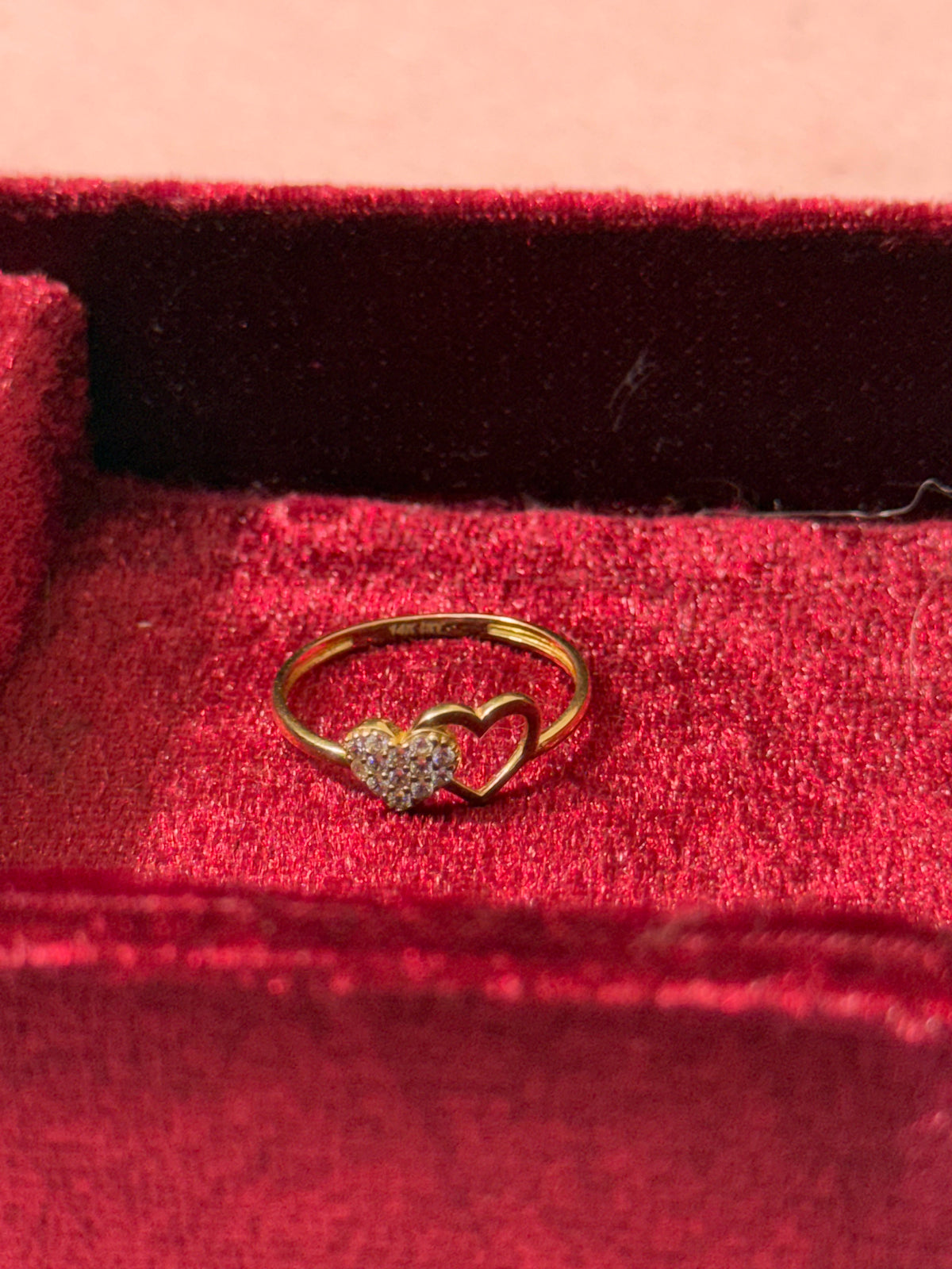 14K Gold Double Heart CZ Ring – Size 7