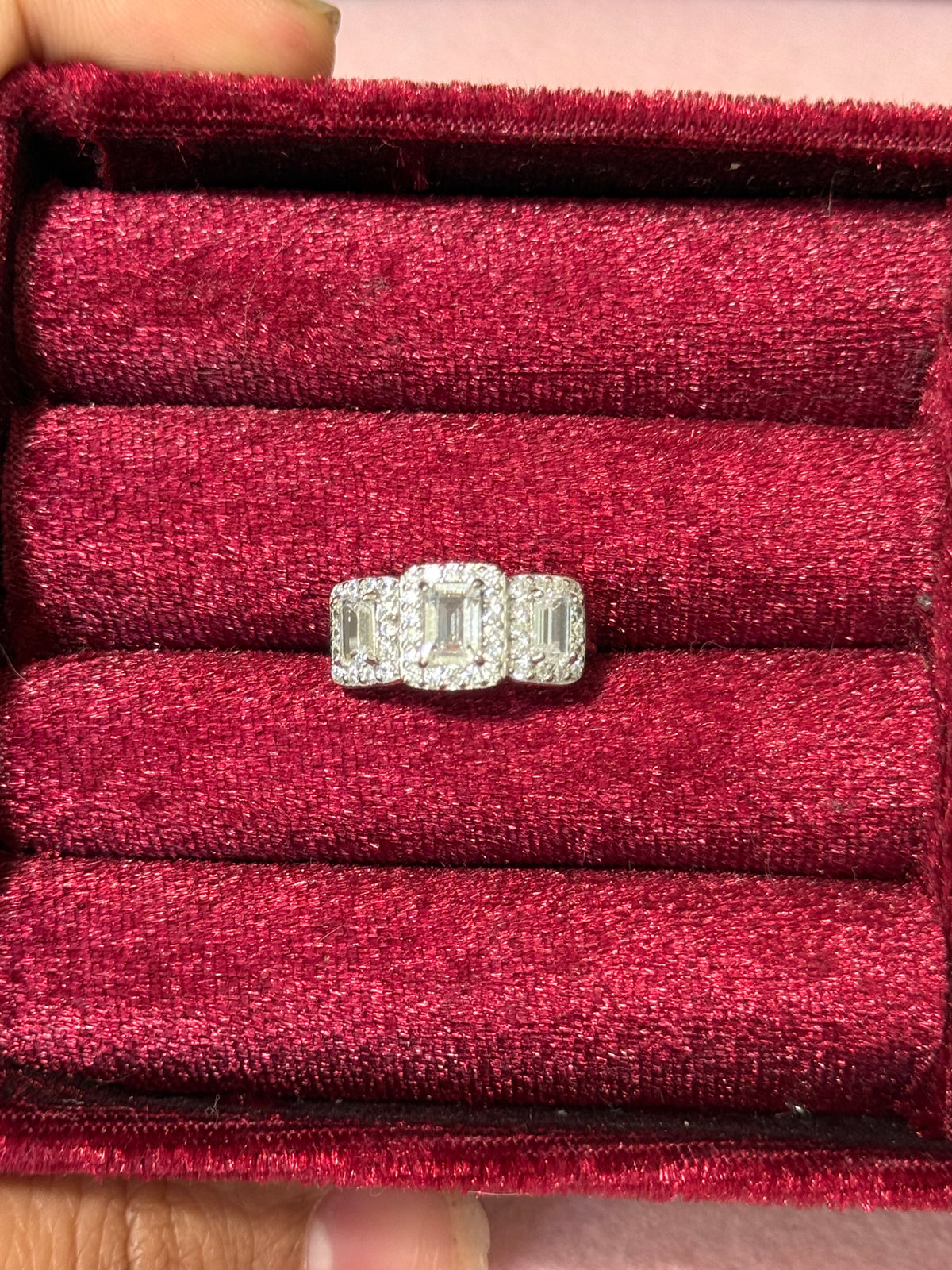 925 Sterling Silver Three-Stone Emerald-Cut Halo Ring – Size 5