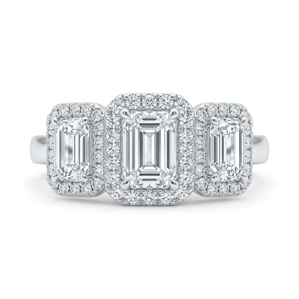 925 Sterling Silver Three-Stone Emerald-Cut Halo Ring – Size 5